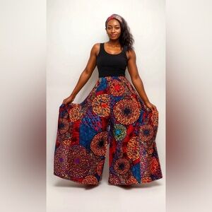 Ankara Print Super Wide Leg Elastic Waist Palazzo Pants with Pocket & Hair Wrap